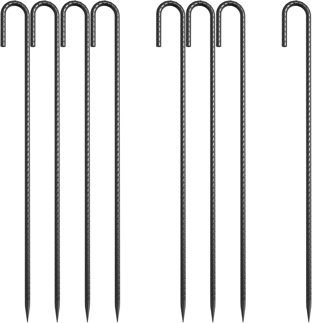 24 Inch J Hook Rebar Stakes 3/8" Thick, 8 Pack Extra Heavy Duty Black E-Coated Steel Ground Anchors for Greenhouse, Carport, Commercial Bounce House, High Wind Areas & Soft Soil