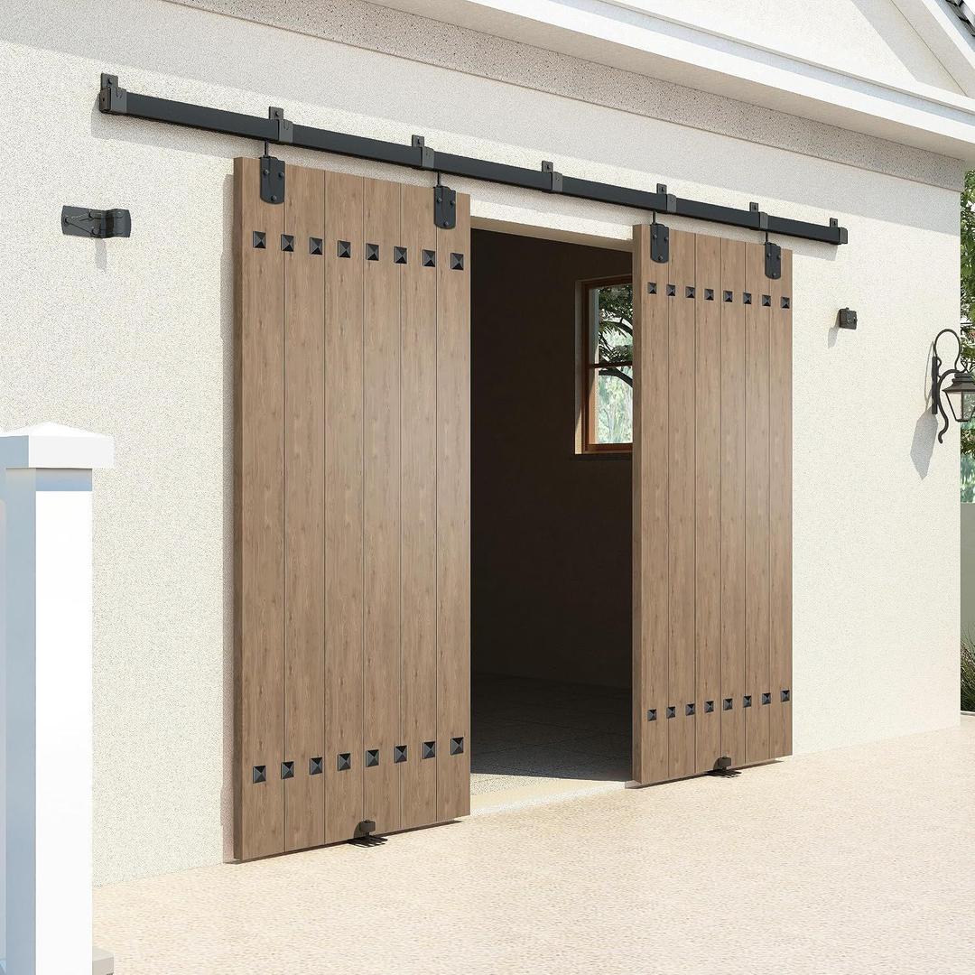 HARDJULAN 16FT Heavy Duty Box Rail Exterior Sliding Barn Door Hardware Kit, 450 lbs Capacity, Black Powder Coated Finish, Kit for Outdoor, Fit MAX 2 X Door Width 96in