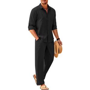 COOFANDY Mens Linen Sets 2 Piece Long Sleeve Button Down Cuban Shirt and Pants Set Summer Beach Set Outfits (Black, S)
