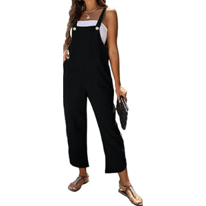AMEBELLE Women's Sleeveless Cotton Linen Overalls Rompers Baggy Wide Leg Jumpsuits,  black, Size M