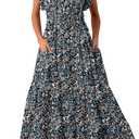 BLENCOT Womens Cotton Floral Maxi Dresses Casual Flowy Boho Dresses Summer Ruffle Short Sleeve V Neck Dress with Pockets, M