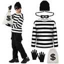 ComfyKit 5PCS Kids Robber Costume Set,Bank Burglar Costume Shirt with Accessories,Halloween Robber Cosplay Outfits for Boys Girls Size Large