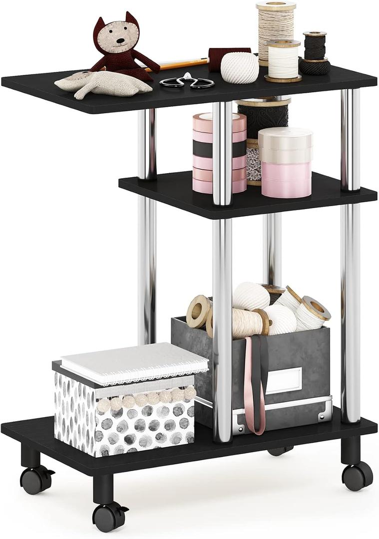 Furinno Turn-N-Tube C Shaped Side Table with Casters, Americano/Stainless Steel, C-shape Stainless Steel Pole With Caster