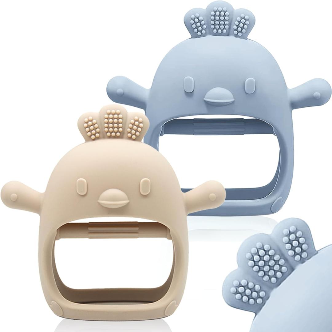 2 Packs Baby Teething Toy for 0-6 6-12 Months, Food Grade Silicone Teething Mitten, Anti Dropping Wrist Hand Teethers Baby Chew Toys for Sucking Needs, BPA Free (Blue & Caramel)