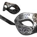 Wildarms Couple Masquerade Masks - Feather Women & Venetian Men Masks for Halloween Party, Mardi Gras Cosplay (Silver Black, one size)