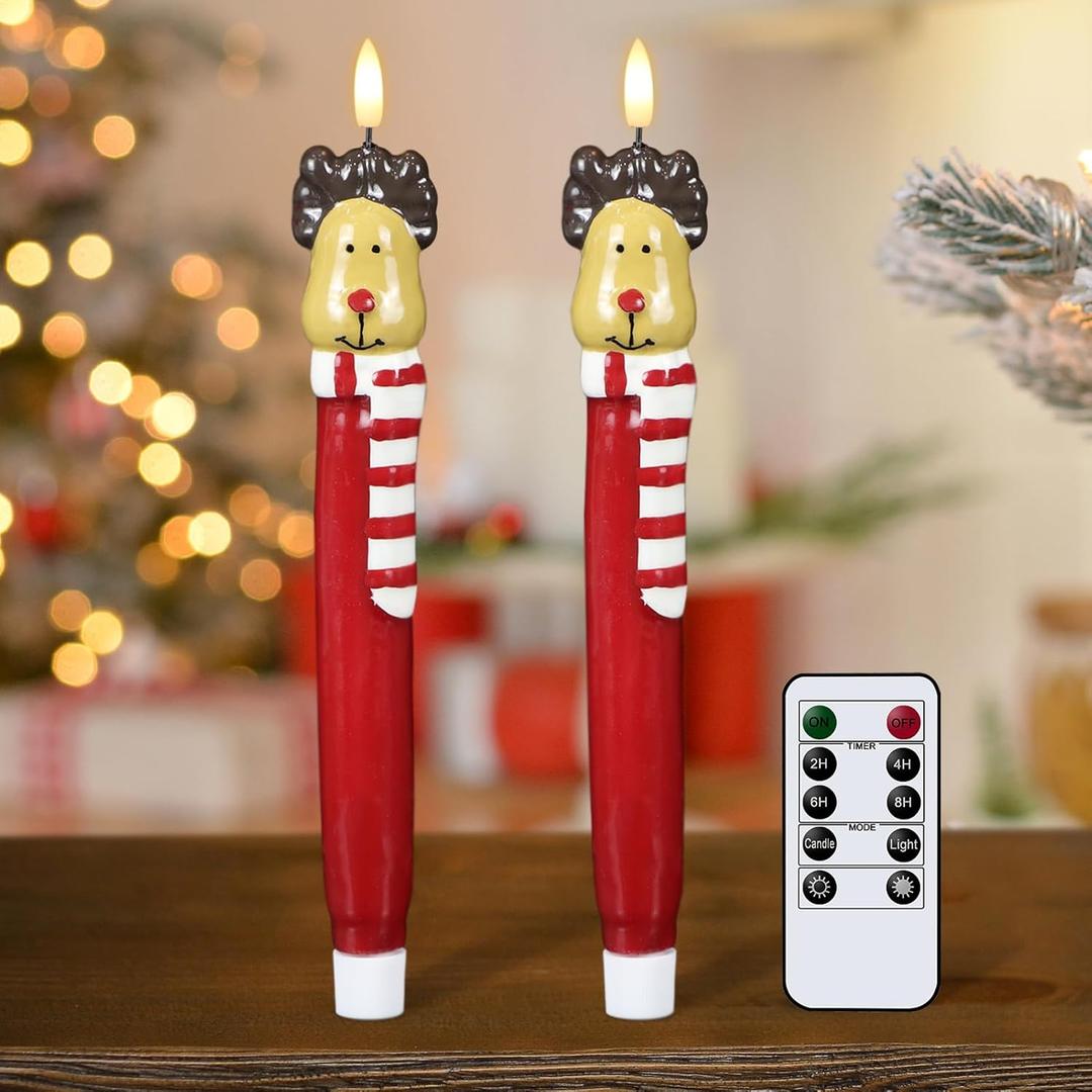 2 x DRomance Christmas Flameless Taper Candles Battery Operated with Remote and Timer Real Wax LED Flickering Taper Candles 3D Wick Hand-Colored Painted Deer Holiday Indoor Decor(2 Pack, 0.79 x 11.4)