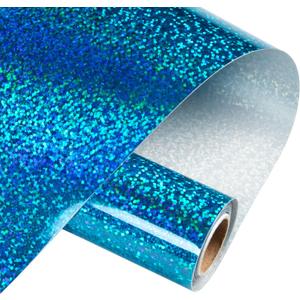 HTVRONT Holographic Glitter Permanent Vinyl, 12" x 10ft Sparkle Blue Permanent Adhesive Vinyl, Easy to Weed & Transfer Glitter Roll Compatible with Cricut Cutting Machine, Crafts, Silhouette, Decal