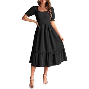 GRACE KARIN Women's Casual Summer Dresses Puff Short Sleve Square Neck Smocked Midi Dress A Line Flowy Dresses with Pockets M