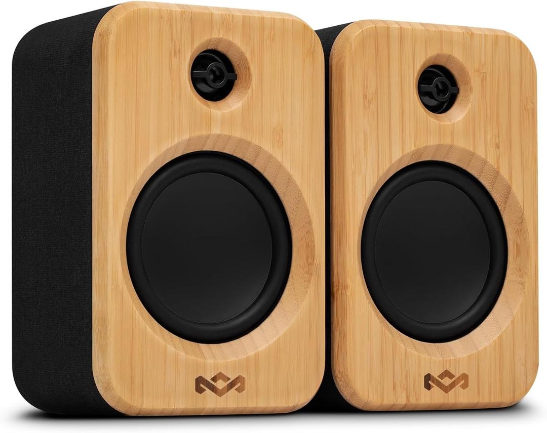 House of Marley Get Together Duo 2 Bluetooth Bookshelf Speakers, Hybrid Wired + Wireless Design, 25Hr Playtime, Upgraded Marley Signature Sound, RCA & AUX Inputs, Bamboo & Rewind Fabric