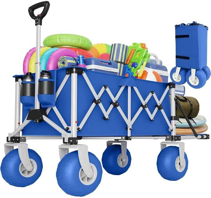 Heavy Duty Beach Wagon with Big Wheels for Sand, 10" Wheel Collapsible Wagons Foldable Large Wagon Cart Folding All Terrain for Camping(Blue)