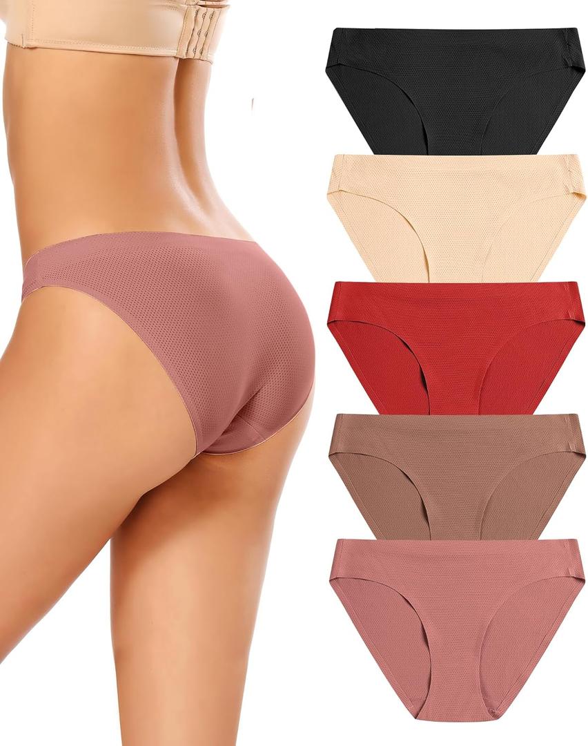 voenxe Women Bikini Underwear, Seamless Breathable Ladies Panties, No Show Comfortable Briefs Undies, Invisible Hipster, 5-Pack (Large)