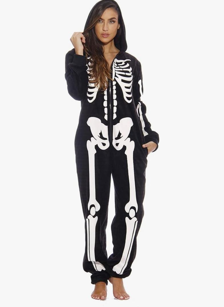 Just Love Skeleton Onesie Halloween Costumes for Women Adult - Comfortable Fleece Fabric with Cozy Hooded M