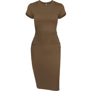 Missufeintl Women's Bodycon Ruched Short Sleeve T Shirt Midi Sundress Fitted Casual Dress (Brown, M)