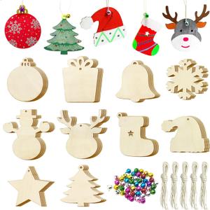 Pseutio 50 PCS Unfinished Wooden Christmas Ornaments DIY Christmas Wooden Slices with 50 Jingle Bells for Crafts Christmas Hanging Decorations (10 Shapes)