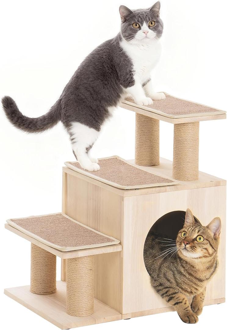 3-in-1 Pet Stairs for Cats, 6.3" Depth Pet Steps for Cat, Wood Cat Stairs for High Bed and Sofa, 1 Condo Cave, Scratching Post, Sturdy Indoor Pet Stairs with Non-Slip Carpet Pads