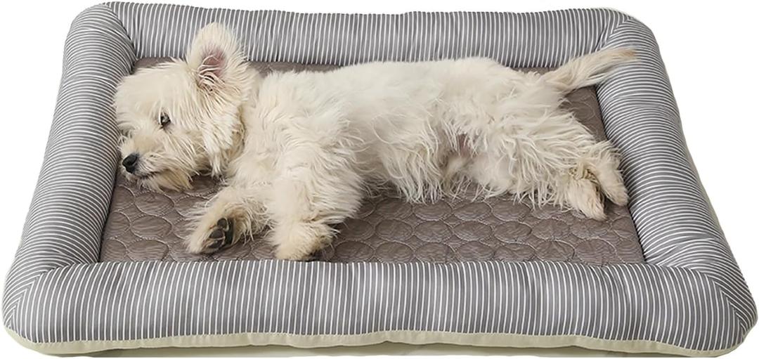 Cooling Dog Bed, Pet Mat with Quilted Design, Cooling Bed for Cats, Striped Border (Coffee, Small)