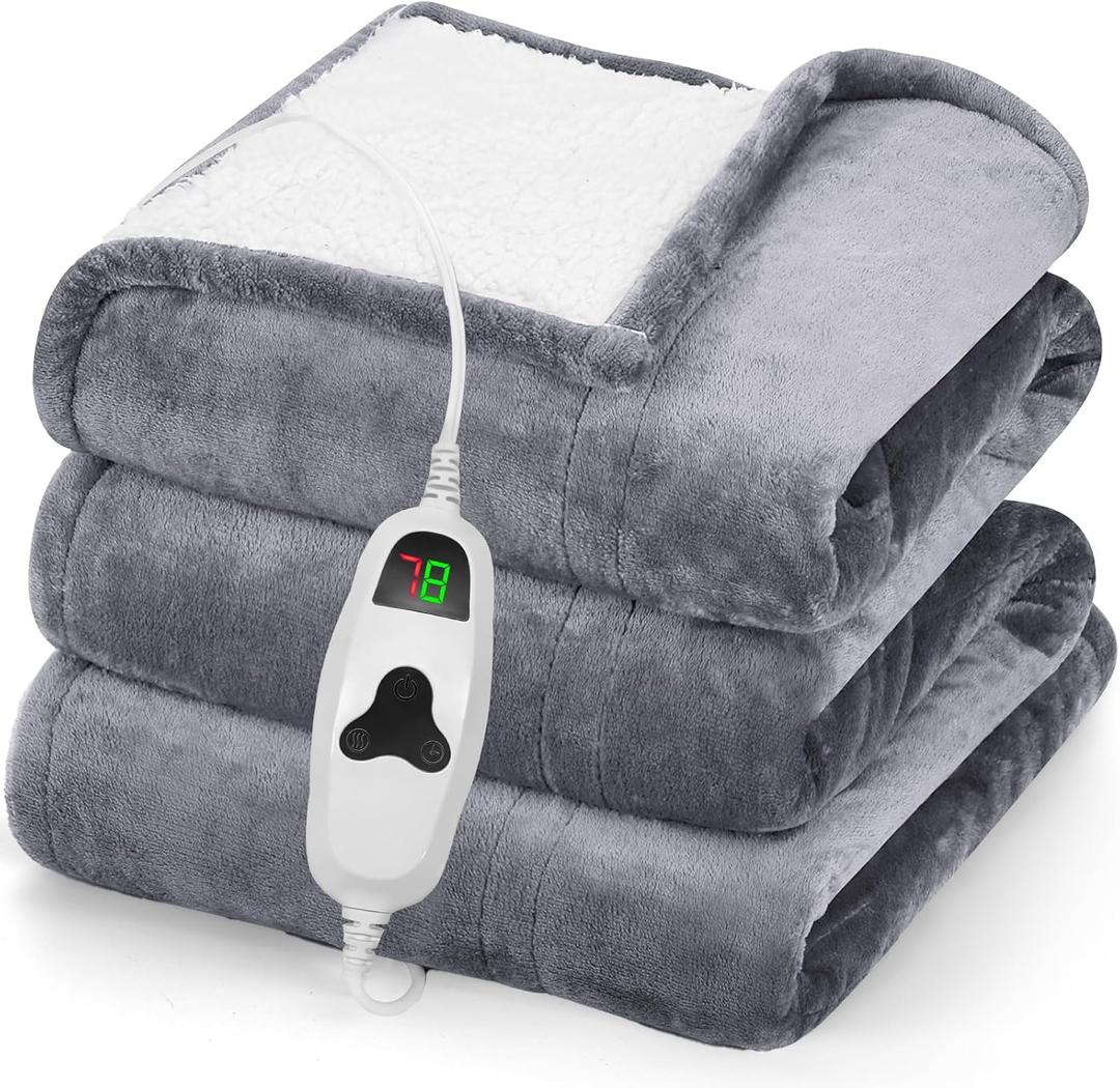 greenoak Heated Blanket Electric Throw 50"X60", Heating Blanket with 10 Heat Levels 1/2/4/6/8 Hours Auto-Off,Fleece Soft Sherpa Blanket,Gifts for Grandma Mom Seniors, Misty Grey