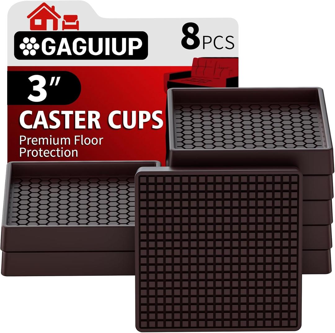 Non Slip Furniture Pads- 3"x3" Square Anti Skid Caster Cups Furniture Coasters, Anti-Sliding Grippers Floor Protectors for Furniture Bed, Couch, Chair Leg, Brown(Set of 8)
