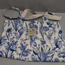 Aesthetic Cotton Tote Bag for Women - Reusable Shoulder Bag with Buckle Fabric Bag for Gym, Travel, Work, White Blue Flowers