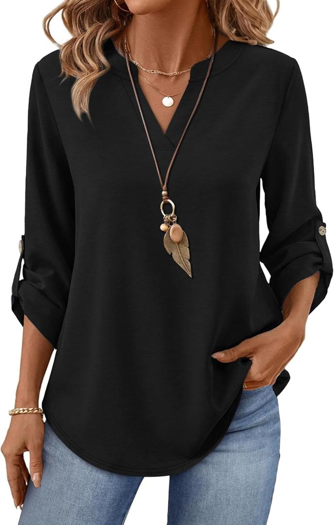 XIEERDUO 3/4 Length Sleeve Womens Tops V Neck T Shirts Both Side Buttons Blouses Business Casual Outfits Loose Fit (Black, XXL)