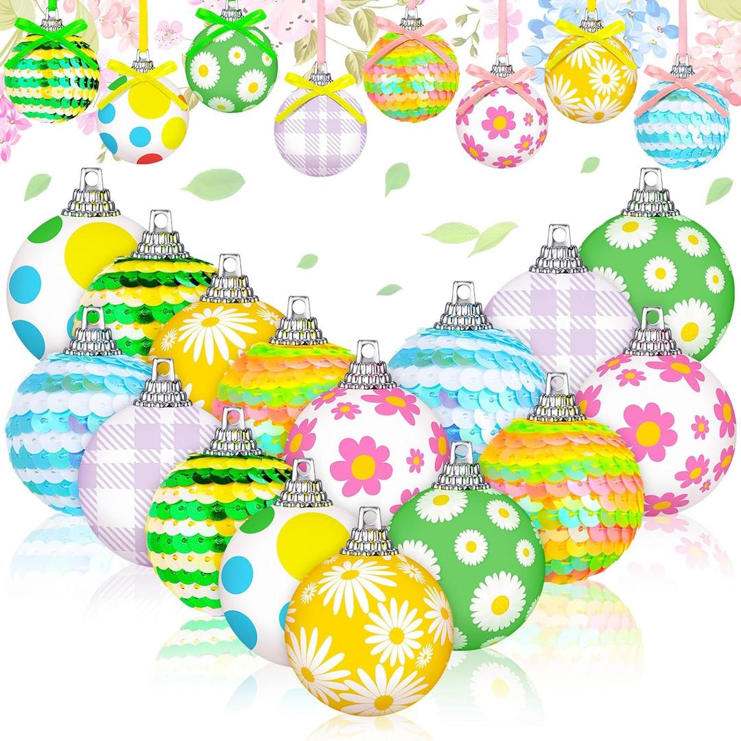 Riceshoot 16 Pcs Spring Tree Ornaments Spring Flower Hanging Decorations Sequin Ball Ornaments Decorative Miniature Daisy Floral Hanging Ball Decor for Home Garden Decor (1.57 Inches/ 4 cm)