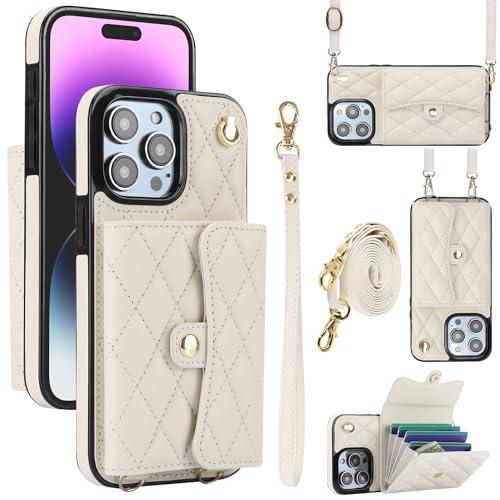 XIZYO for iPhone 15 Pro Max Case, Wallet Cute Leather Case with Card Holder Crossbody Cover for Women Girls Strap Wristlet RFID Blocking Shockproof Protective Cover, White