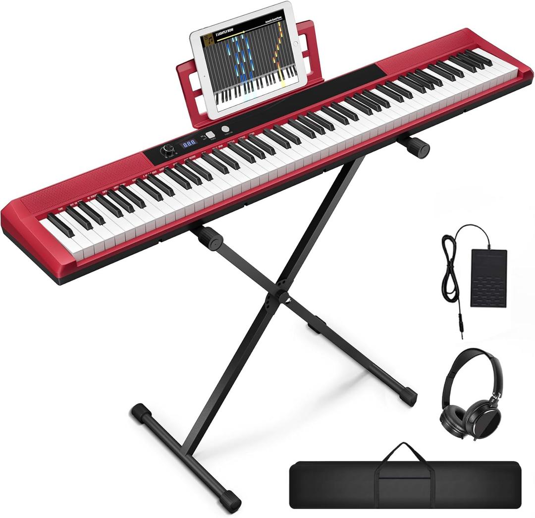 88 Key Semi-weighted Electronic Keyboard Piano,Full Size Digital Piano Portable Keyboard with Stand, Sustain Pedal, Power SupplyMIDI/USB/MP3 Function for Beginners at Home/StageRed