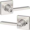 Kwikset Casey Entry Door Handle with Lock and Key, Secure Keyed Reversible Lever Exterior, For Front Entrance and Bedrooms, Satin Nickel , Pick Resistant Smartkey Rekey Security and Microban