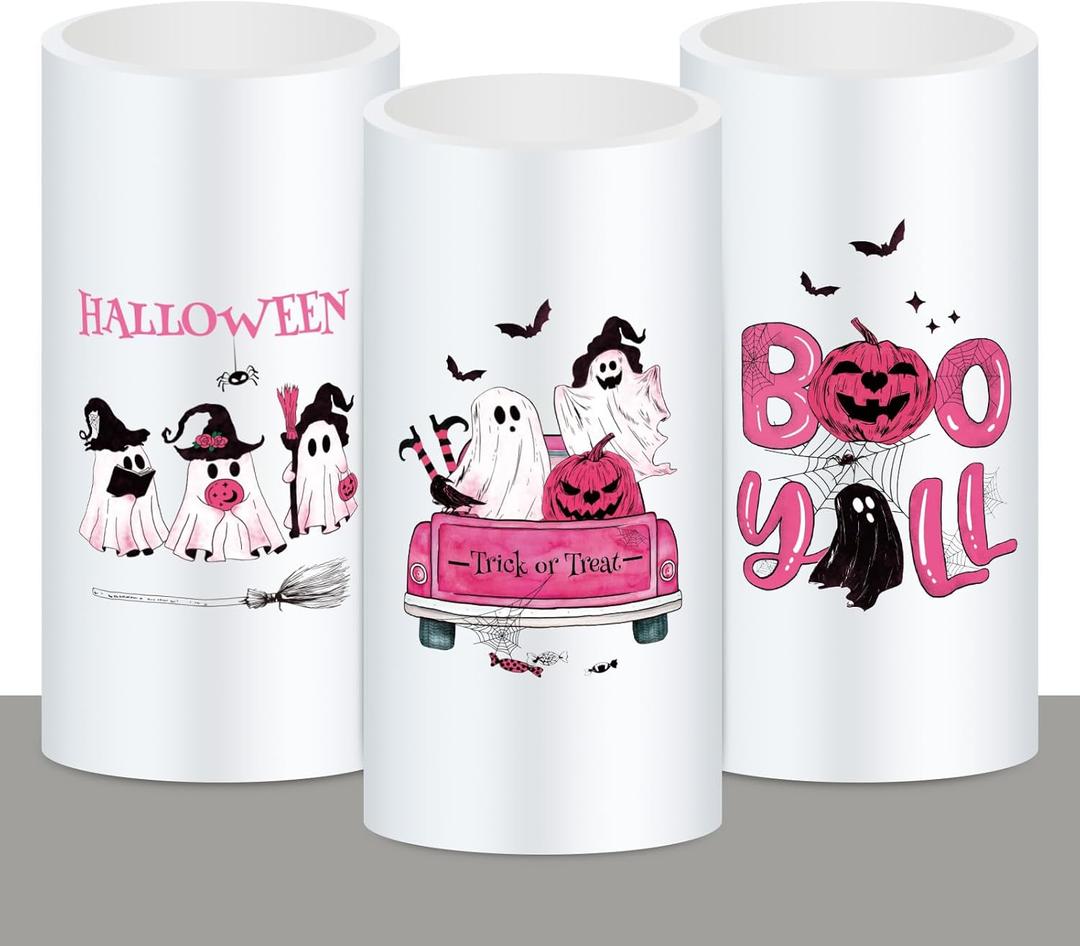 Whaline Halloween LED Flameless Candles Pink Ghost Pumpkin Warm Light Battery Operated Pillar Candles Electric Flickering Candles for Halloween Party Home Decor, Set of 3