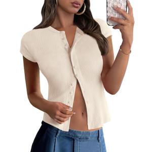 PRETTYGARDEN Women's Casual Basic T Shirts Going Out Tops Summer Button Up Slim Fit Crew Neck Short Sleeve Ribbed Slim Fit Y2K Shirts (Apricot,XXL)