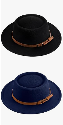 Hercicy Wool Fedora Hats for Women Vintage Felt Boho Hat with Decorative Belt Panama Pork Pie Jazz Style Headwear (Black & Navy Blue)
