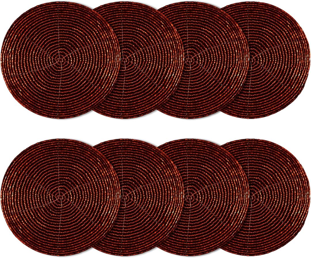 COTTON CRAFT Glitz Beaded Coasters - Set of 8 Handmade Bar Drink Tabletop Protection Coasters - Halloween Harvest Autumn Fall Thanksgiving Holiday Christmas Xmas Party - 4 inches Round - Burgundy
