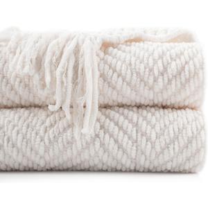 BATTILO HOME Cream Throw Blanket for Couch, Textured Knitted Throw Blanket with Tassels, Couch Cover Blanket Warm Decorative White Throw Blankets for Sofa Living Room, 60" x 80"