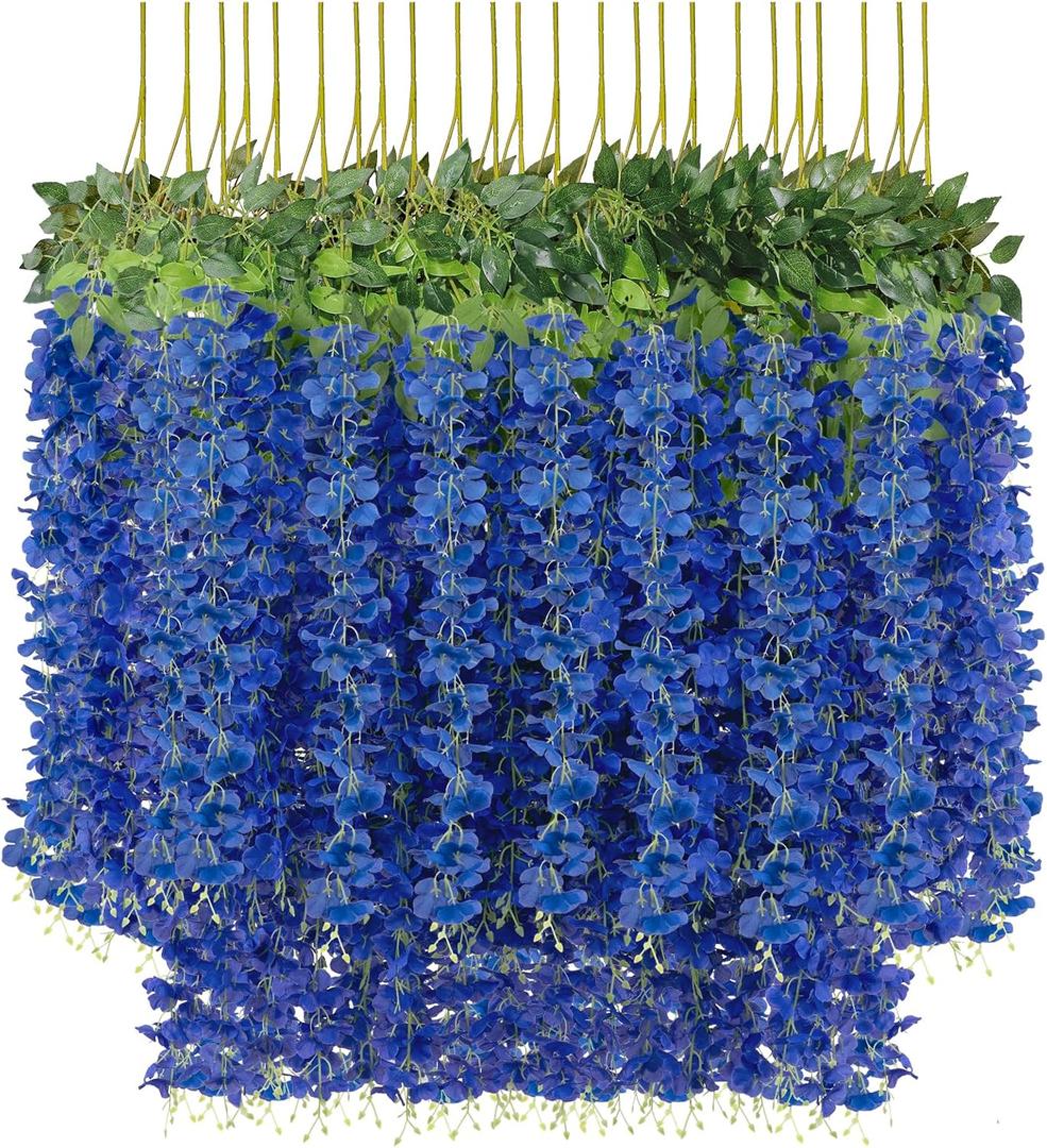 U'Artlines 24 Pack (Total 86.4 Feet) Artificial Fake Wisteria Vine Rattan Hanging Garland Silk Flowers String Home Party Wedding Decor (24, Navy Blue)