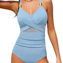 Girls Swimsuit Criss Cross One Piece Swimsuits Wrap Tie Back Sheer Mesh Bathing Suit with Gold Metal Swimwear 9-16Y (11-12 Years, Blue)