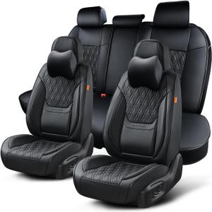 Black Car Seat Covers Full Set, Breathable Leather Automotive Front and Rear Seat Covers & Headrest, Universal Automotive Vehicle Seat Cover for Most Sedan SUV Pick-up Trucks