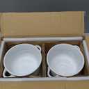 LE TAUCI French Onion Soup Bowls, 28 oz Ceramic Soup Crocks with Handles & Silicone Lids, Oven & Microwave Safe Containers for Meal Prep & Leftovers, Lead & Cadmium Free, Set of 4, White