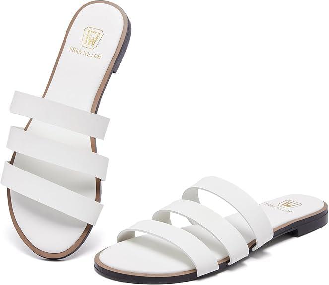 Women's Flat Sandals Dressy Open Toe Round Toe Slide Sandals Comfortable Casual Beach Slip on Slippers for Summer (White, XL)