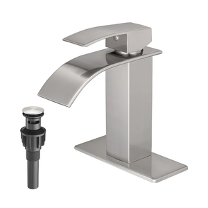 VOTON Waterfall Bathroom Faucets Brushed Nickel Modern Single Handle Sink Faucet for 1 or 3 Holes with Deck Plate and Pop-Up Drain, Rv Sink Camper Farmhouse Faucet