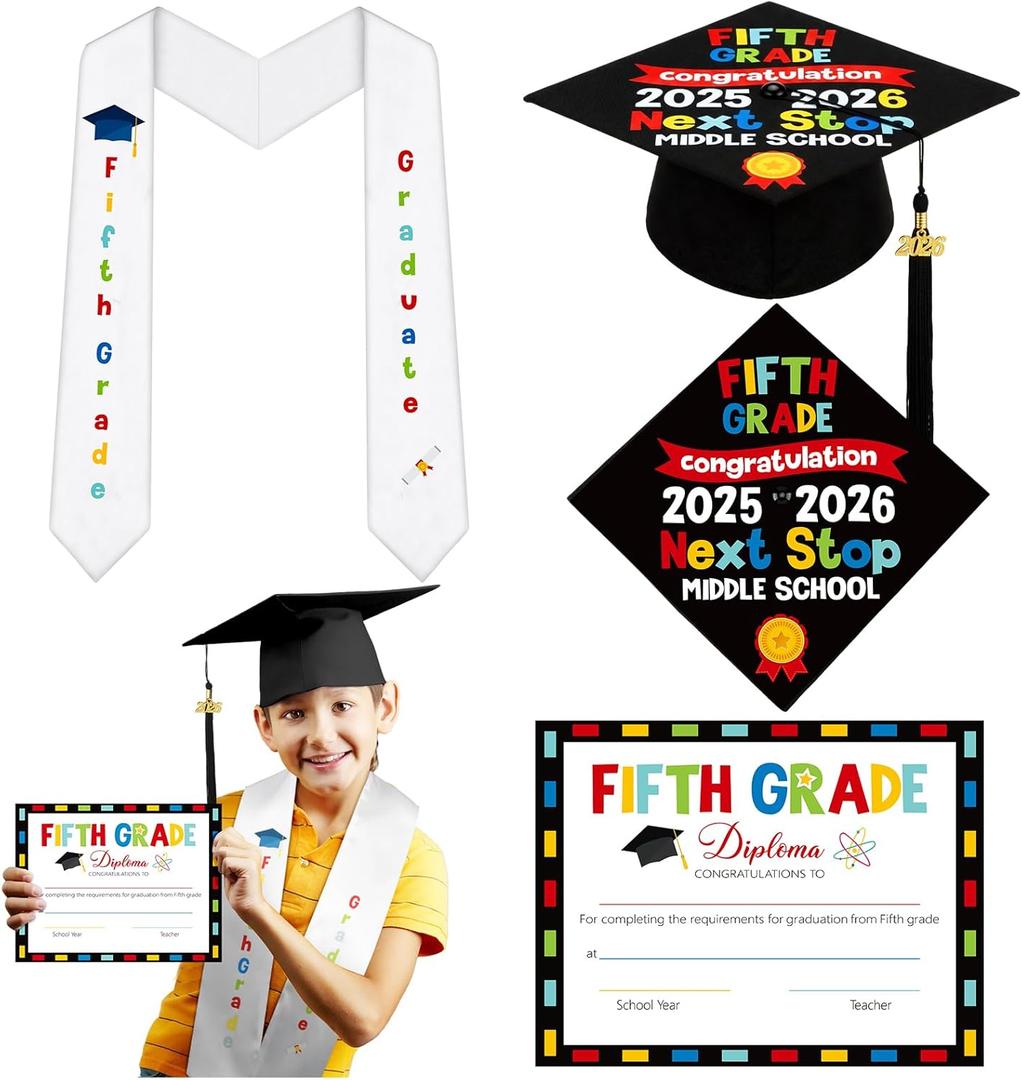 Cuffbow 3 Pcs 5th Grade Graduation Set Class of 2026 Graduation Cap and Stole Sash with Diploma Certificates Set Teachers Parents Gifts for Students
