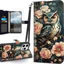for iPhone 16 Pro Max Flip Cover PU Leather Case, for iPhone 16 Pro Max Owl Floral Magnetic Clasp Phone Wallet with Wristband Card Holder, Kickstand Shockproof Case and Screen Protector