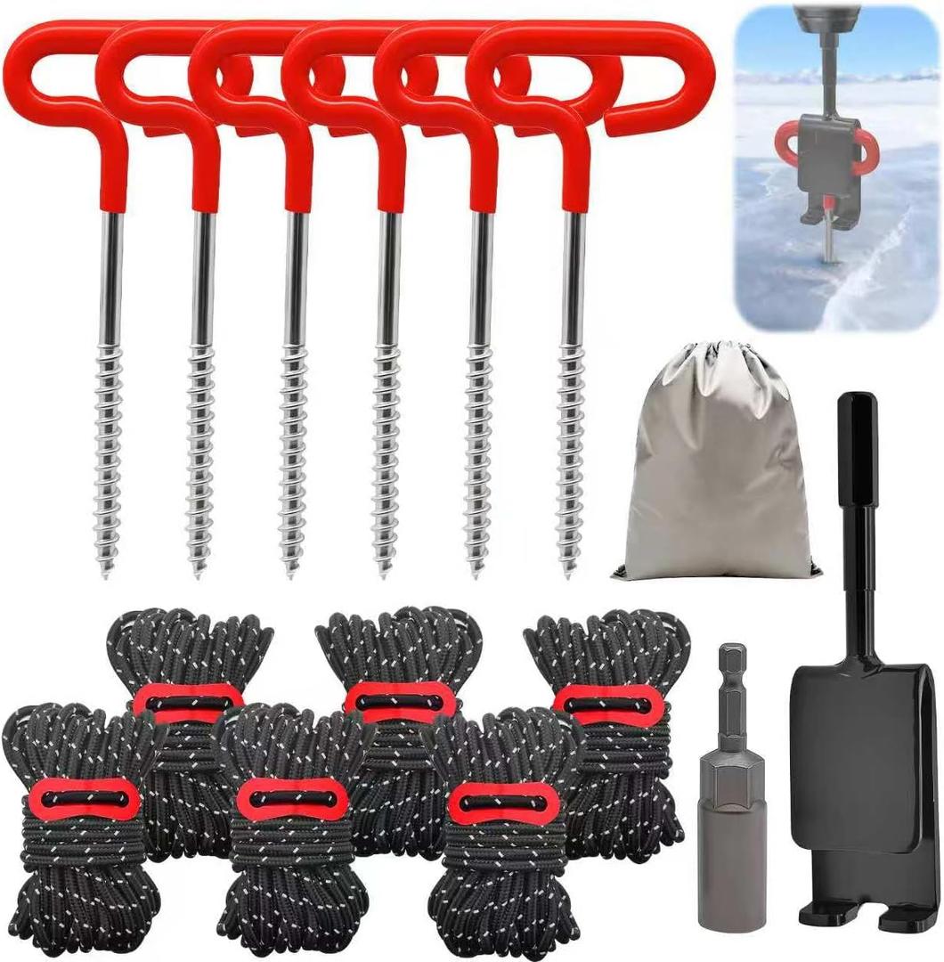 Heavy Duty Ice Anchor Tool Kit, 6 Pcs Stainless Steel Ice Fishing Tent Stakes Nails with Ice Anchor Drill Adapter and 6 Pcs Adjustable Tent Rope for Setting Up Ice Fishing Equipment Shelter Tent