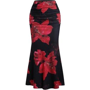 Women's Floral Print Maxi Skirt Ruffle Hem Ruched Fishtail Bodycon Long Skirts Vacation Going Out Outfits XL