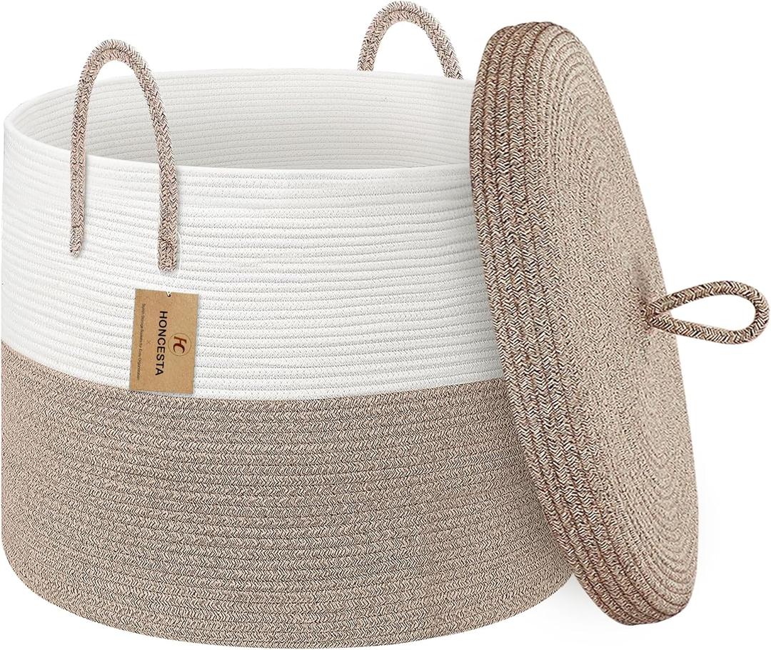 18" X18 X 14" Large Storage Basket with Lid, Blanket Basket Living Room, Woven Cotton Rope Storage Box, Lidded Kids Dog Toy Bin, Wicker Laundry Basket, Blankets Pillows Organizer Holder (Brown/White)