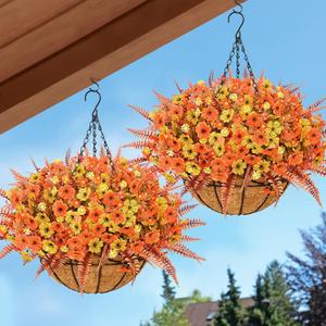 Yastouay Fake Hanging Plants, Artificial Fall Hanging Baskets for Outdoors, 2 Pack Artificial Mums for Outdoors, UV Resistant Fake Fall Flowers for Garden Patio Porch Yard Fall Decor (Orange, Yellow & Fern)