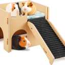 Pawaboo Guinea Pig and Hamster House, 2-in-1 Guinea Pig Hideout with Stairs and Cushion, Sturdy Wooden Hamster Castle Easy to Assemble, Detachable Small Animal House Bed Hut Habitats with Ramps (Beige)