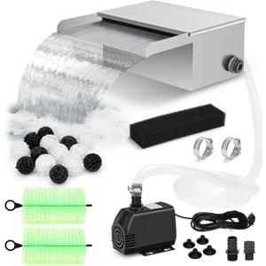 Pond Waterfall Spillway Kit with Filter Media & 800 GPH Pump, 304 Stainless Steel Waterfall Box, 9.8FT Hose, Complete Pond Kit for Outdoor Ponds, Koi Ponds, Fountain (11.8"L x 12"W x 5.1"H)