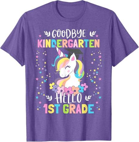 Goodbye Kindergarten Hello First Grade Unicorn Girl T-Shirt (Small, Purple Heather)