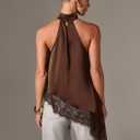 Y2k Halter Top Tank Asymmetrical Hem Satin Lace Trim Classy Going Out Tops Sleeveless Mock Neck Tops for Women (Brown, S)