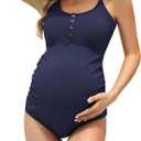 American Trends Maternity Swimsuit Button Down One Piece Maternity Bathing Suit Cross Back Swimwear (X-Large, Navy)
